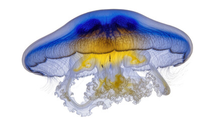 Blue and yellow jellyfish with translucent bell and tentacles © Otillie