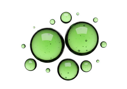 Multiple translucent green liquid spheres and bubbles of varying sizes arranged in a circular cluster formation isolated on a transparent background