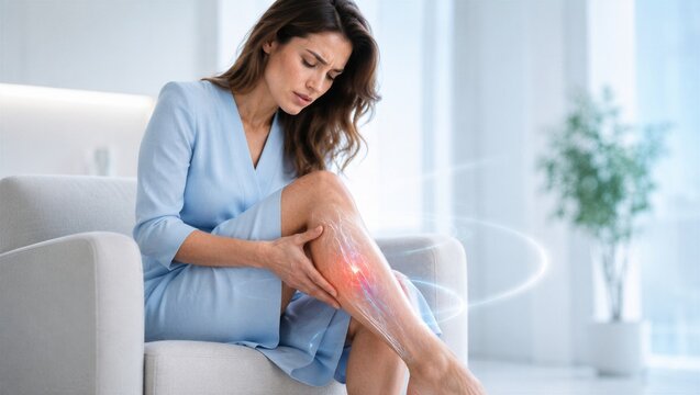 Woman feeling pain in leg with visible veins illustration. Concept of varicose vein, venous insufficiency, vascular disease and blood circulation problem. Medical healthcare treatment.