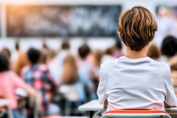 Fototapeta premium Young Learner Sitting Among Classmates During Lecture in Classroom with Focus on Student in Front