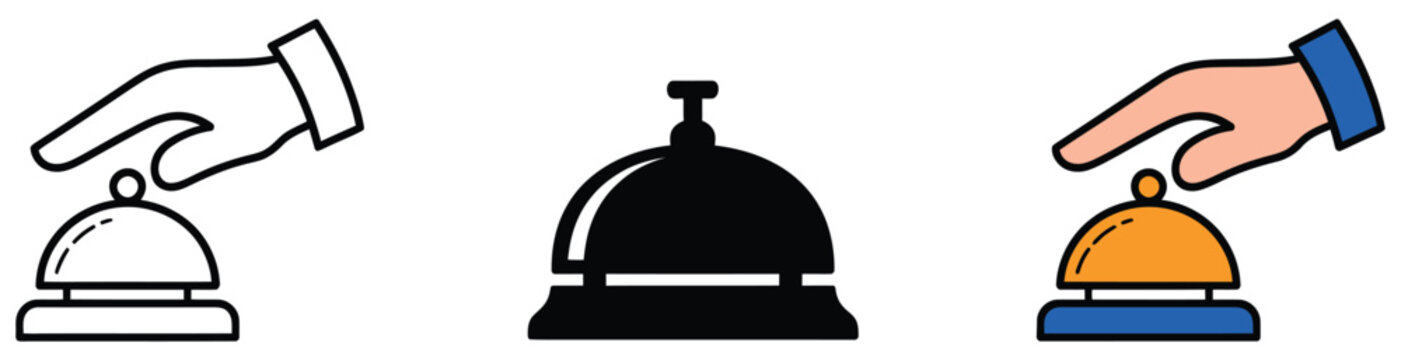 Hotel reception bell icon set featuring hospitality assistance symbols for concierge service, guest support, front desk communication, and prompt service notification design, vector, designs