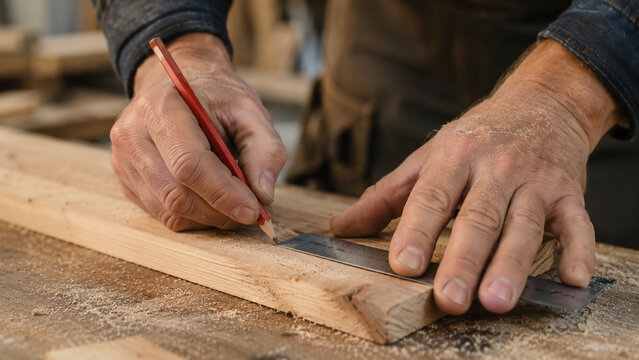 A person measuring and marking a wooden plank with a pencil and metal ruler, preparing for woodworking.