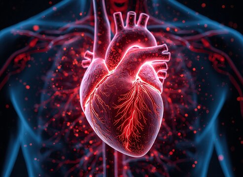 Anatomical 3D Rendering of a Glowing Human Heart Inside a Blue Human Torso Silhouette
