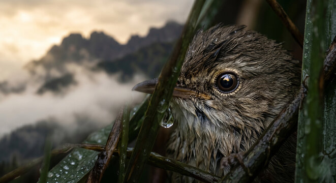 Cinematic close-up of a tiny wet bird hiding in reeds, with a hopeful mountain sunrise perfectly reflected in its eye. Concept of resilience and new beginnings.