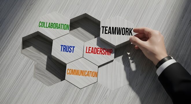 Business concept hand placing final piece with core values hexagon puzzle