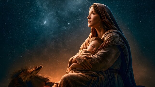 Robed Woman on Donkey at Night Cradling Infant Looking at Stars Maternal Faith