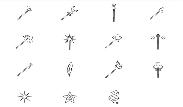 Fantasy magic wand icon set with sparkling stars, enchanted symbols and mystical elements