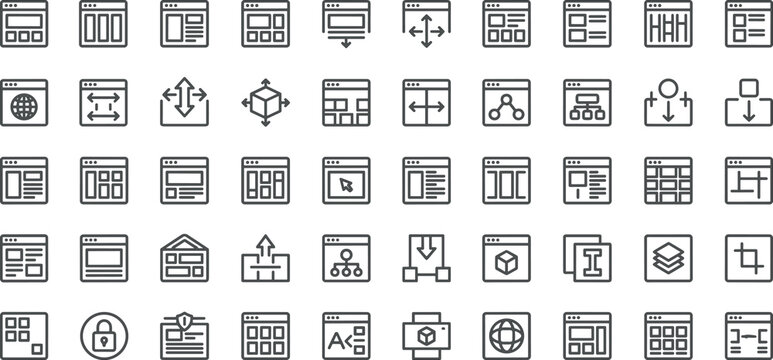 Minimal line vector icons set of website wireframes layout blocks browser windows user interface design and web development