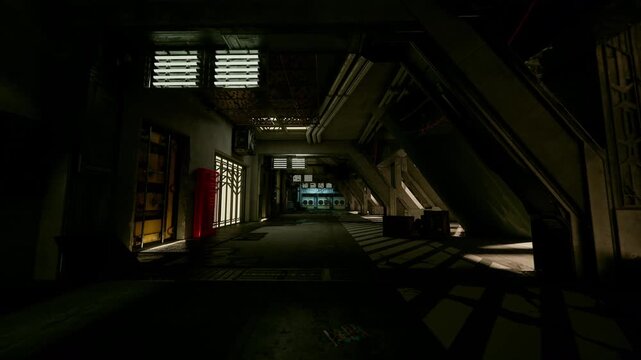 dim industrial corridor at night, abandoned maintenance deck lined with metal beams, scattered crates and weathered panels, flickering overhead lights casting