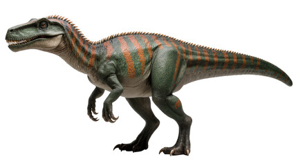 Fototapeta premium Green and orange striped dinosaur with sharp teeth and claws