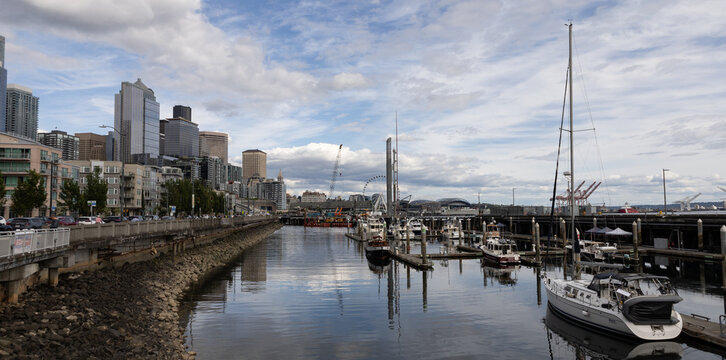 Seattle Waterfront Marina and Downtown Skyline Along Elliott Bay Washington