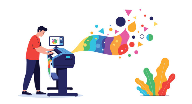 Male operator working with a professional large format printer that is producing a vibrant swirl of colorful geometric shapes.