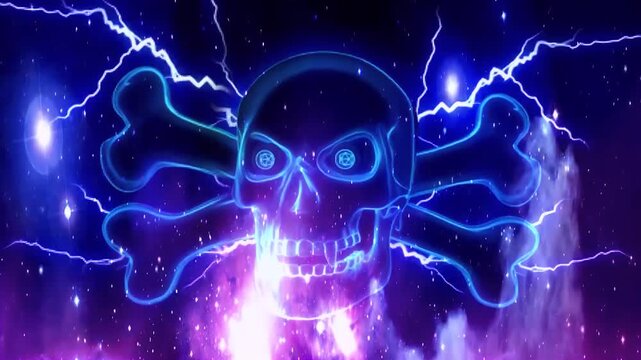 Blue neon skull and crossbones icon with electric lightning effects