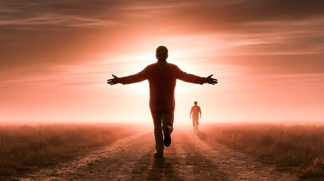 Elderly Father Running Toward Ragged Son Silhouette at Sunset Prodigal Son Scene