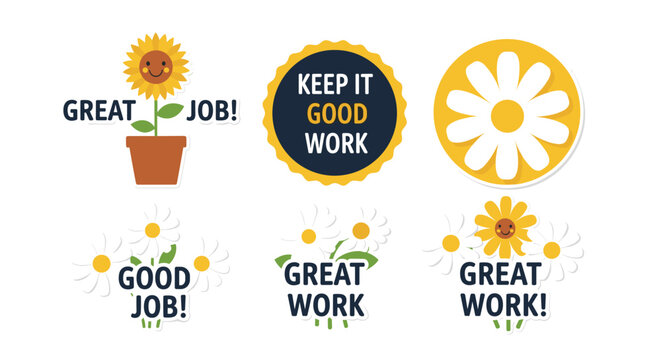 Set of motivational reward stickers for children featuring smiling sunflowers daisies and encouraging phrases like great work.