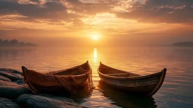Rugged Fishing Nets Drying Over Weathered Wooden Boats at Rocky Lakeside Golden Sunrise