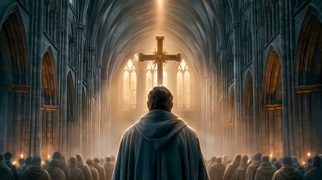 Processional Crucifix Carried Down Gothic Church Nave Morning Clerestory Window Light