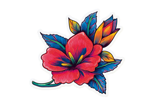 Tropical flower colorful vector sticker, vibrant PNG style isolated on transparent background