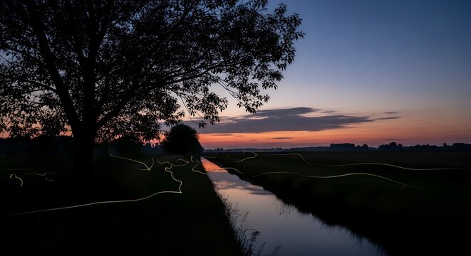 Fireflies glowing in the night over a canal at sunset, long exposure light trails of lightning bugs in a rural landscape