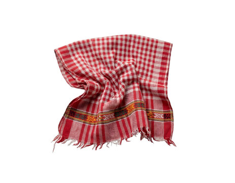 Traditional red checkered gamcha towel, handwoven cotton fabric with ethnic border, rustic crumpled textile for cultural and household use isolated on Transparent Background