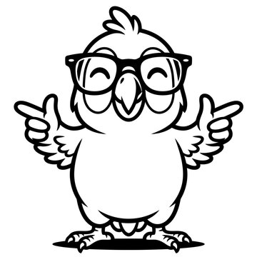 Smiling cartoon parrot wearing glasses.