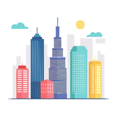 Obraz premium Flat design city skyline with skyscrapers, sun and clouds