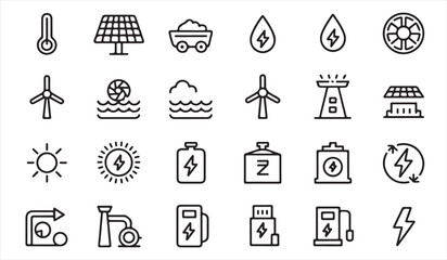 Fototapeta premium Renewable energy icon set with solar panels, wind turbines, batteries and clean technology symbols