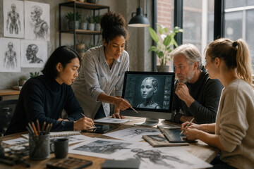 Fototapeta premium Four people collaborate around a drawing table