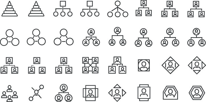 Organizational structure business hierarchy line icons set containing team chart workforce management corporate network company leadership pyramid elements