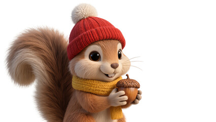 Cute cartoon squirrel wearing red hat and yellow scarf holding acorn © Cressida