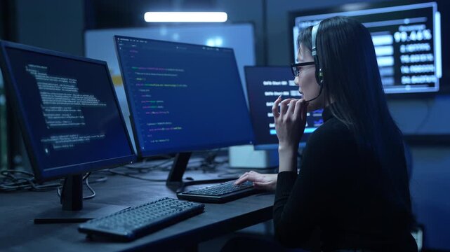 Customer service, asian female IT support engineer wearing headset working on computer code, technical helpdesk, call center, software development, cybersecurity and global corporate communications