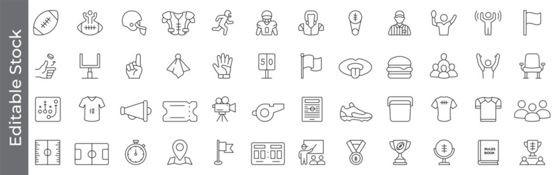 American football and sport event icon set &ndash; editable outline symbols of players, equipment, match, fans, score, rules book and celebration