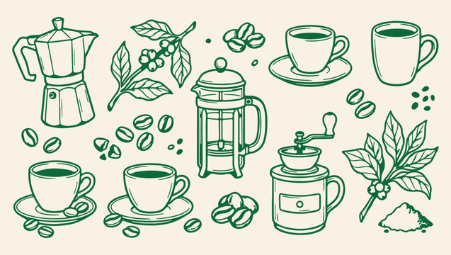 coffee brewing equipment morning pattern, artisanal coffee drink cafe background, fresh brewed coffee shop illustration, coffee beans cafe drink print, hand drawn coffee gear icons, morning coffee dri