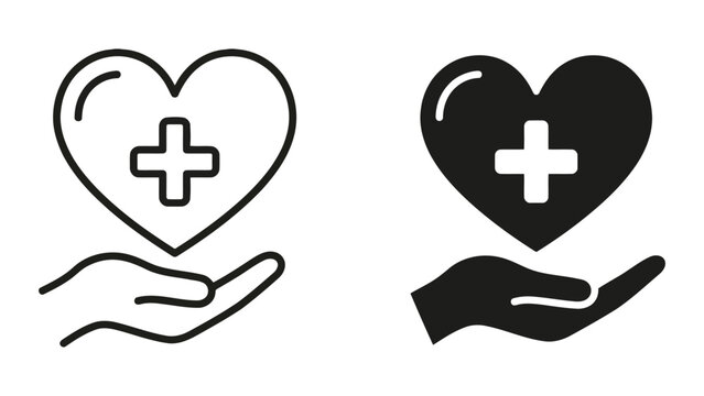Heart shape with medical cross held in open palm icon for healthcare support and charity donation concept in clean vector illustration