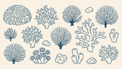 marine coral reef ocean pattern, underwater coral reef background, artistic coral ocean illustration, ocean coral reef print, decorative marine reef set, natural coral reef design, coral reef sketch g © Geetaroy