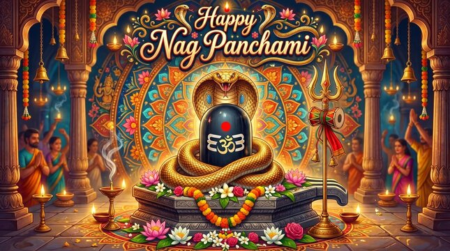 Happy nag panchami celebration with shiva lingam cobra trishul colorful flowers