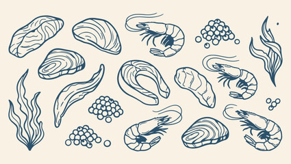 Obraz premium fresh shellfish seafood harvest pattern, raw shrimp oyster background, tasty seafood food illustration, seafood shellfish harvest print, artistic seafood harvest set, decorative fresh shellfish design