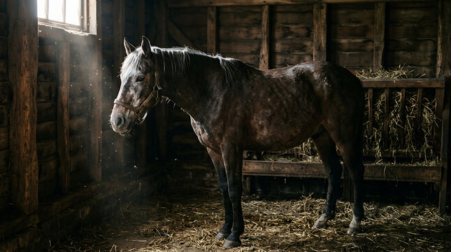 A lone aged horse stands patiently within a rustic wooden stable, bathed in soft, diffused light.