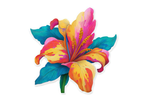 Tropical flower colorful vector sticker, vibrant PNG style isolated on transparent background