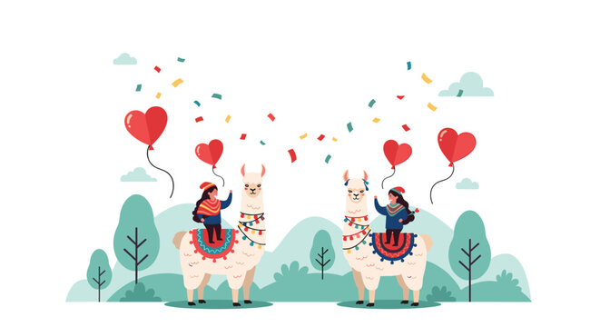 Festive celebration scene featuring two women riding decorated llamas under a shower of colorful confetti and floating heart-shaped balloons.