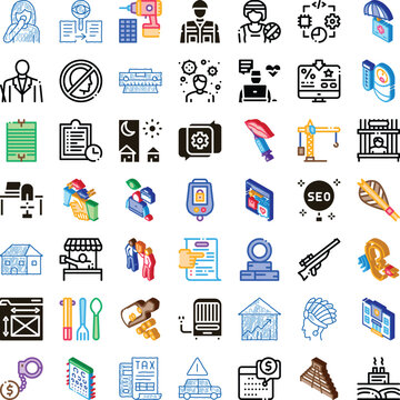Collection of conceptual flatline and isometric icons representing various aspects of business, technology, finance, work, communication, construction, and lifestyle