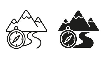 Mountain range with navigation compass icon in line and solid style for adventure trekking and outdoor expedition mapping concepts © PNG