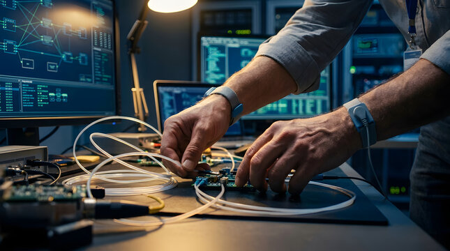 Engineer working on advanced electronic hardware assembly and fiber optic testing.
