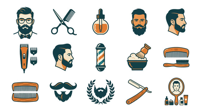 Stylish barber tools and grooming icons for men