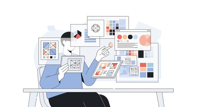 Graphic designer working on multiple digital screens.