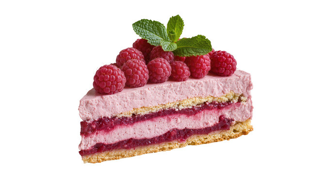 Raspberry Mousse Cake Slice with Fresh Berries and Mint