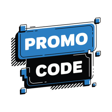 Modern promo code badge design with blue and black color scheme