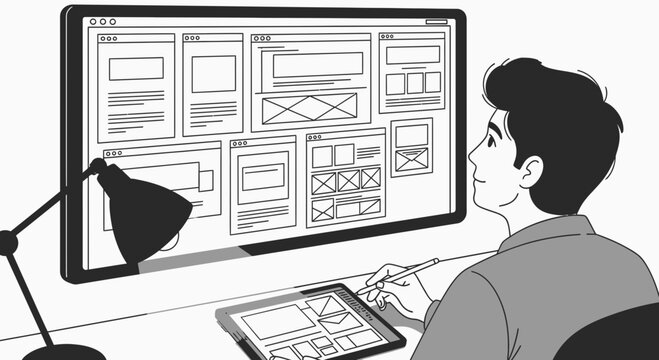 Man Designing Website Wireframes on Computer and Tablet.