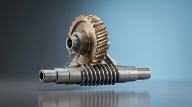 Precision engineered industrial worm gear 3D render, high ratio power transmission component, worm drive reduction system, torque multiplication gear assembly