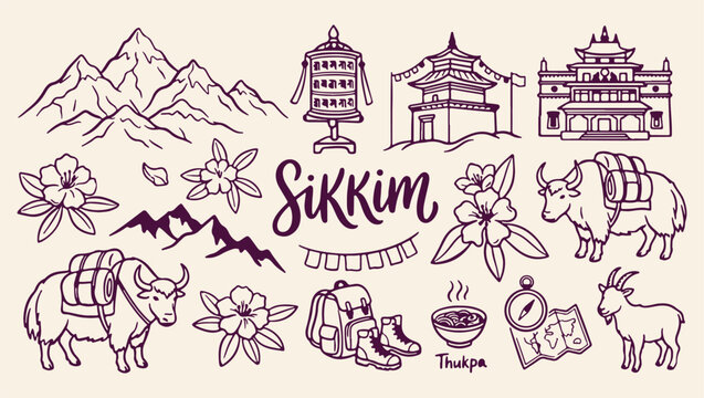 vector illustrationsikkim travel tourism heritage pattern, indian northeast state landmark background, traditional sikkim culture travel illustration, sikkim monastery mountain  of a horse in the city